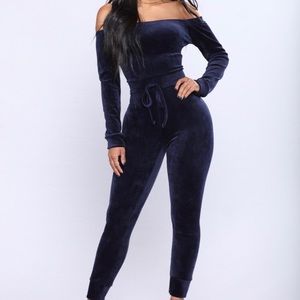 Brand New Navy Velour Jumpsuit Fashion Nova